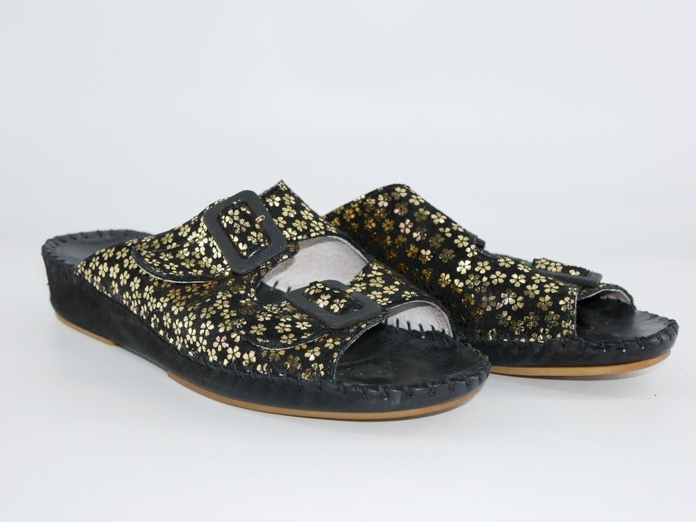 La Plume Italy Black Gold Floral Leather Slide Sandals Shoes Size US 7.5 EU 38